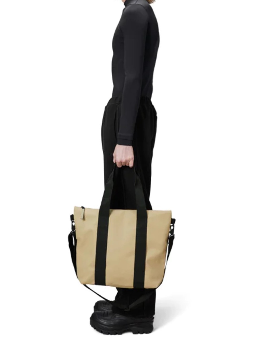NWT Rains Tote Bag Mini W3 in Sand Black Straps Waterproof Logo